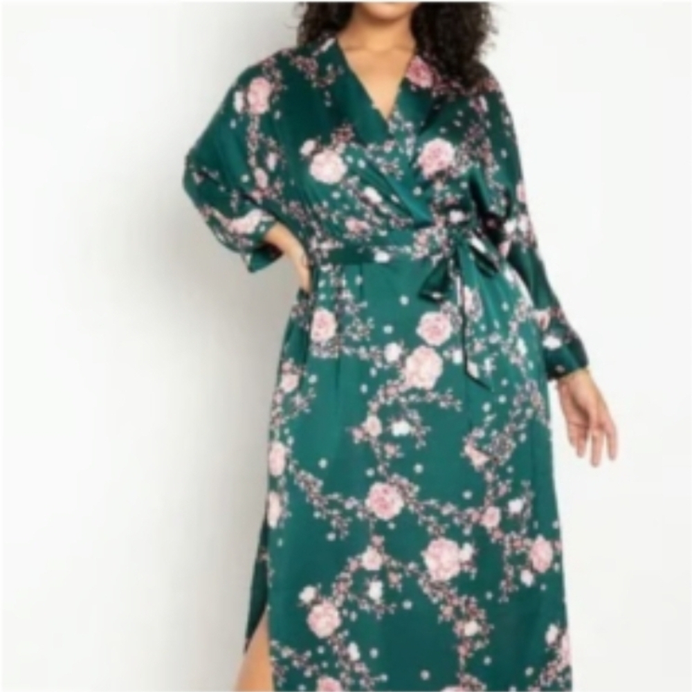 Floral Faux Wrap Midi Dress - Green with Pink Bloom